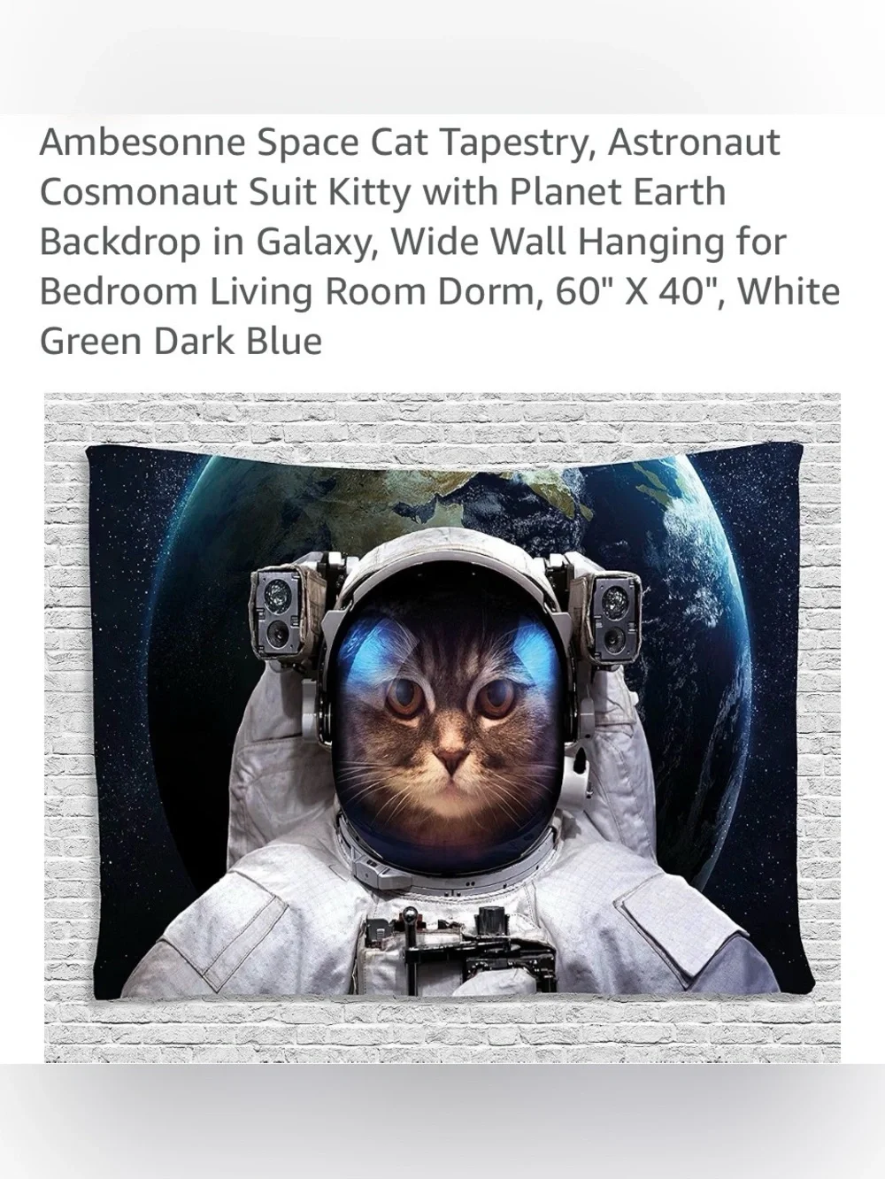 Space Cat Tapestry, Astronaut Cosmonaut space Suit Kitty wall tapestry poster
